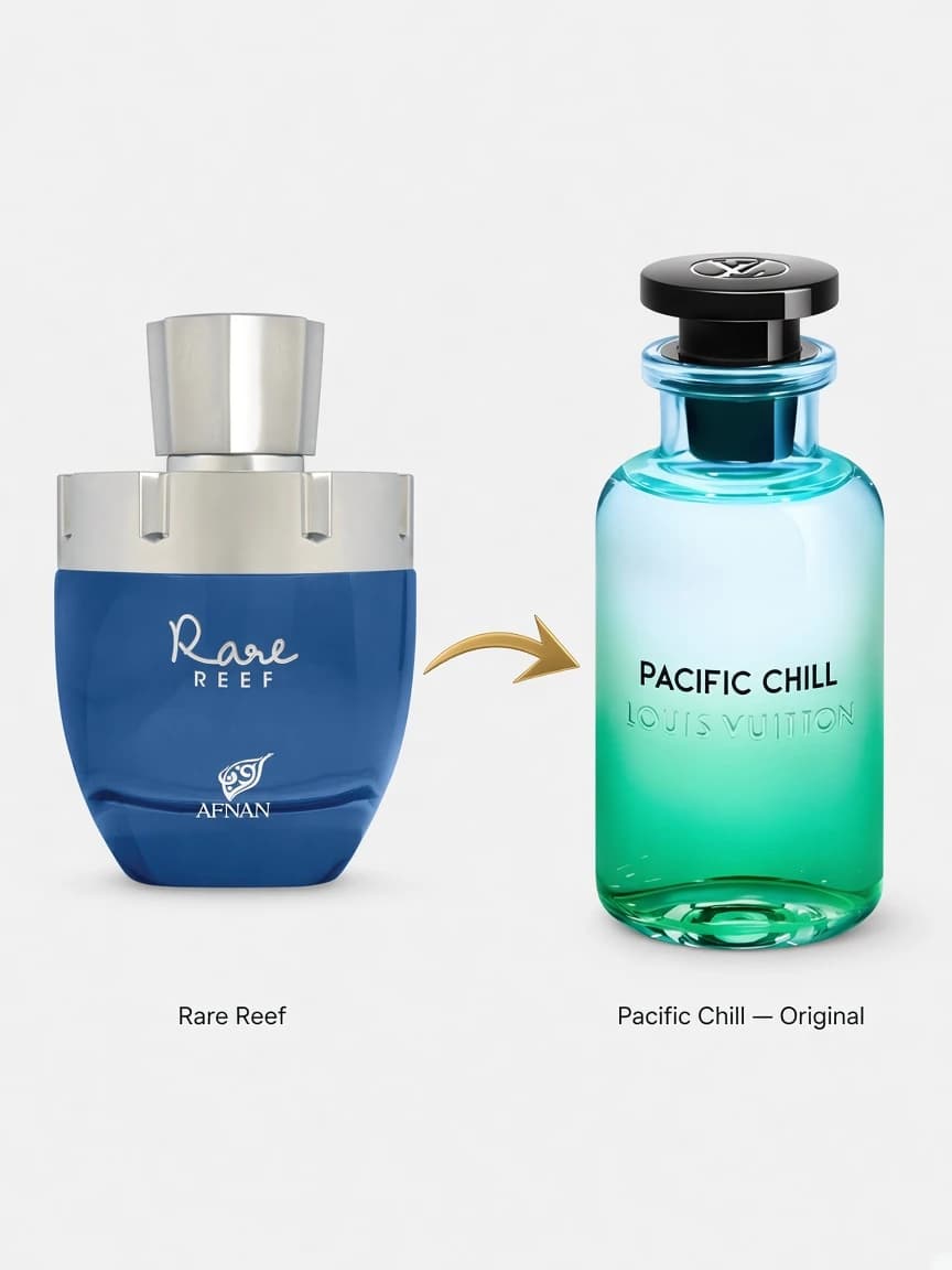 Dupe comparison: Afnan Rare Reef beside Louis Vuitton Pacific Chill