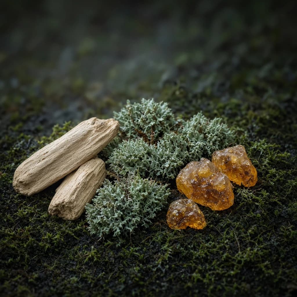 Dry-down notes composition — oakmoss, woody notes, amber