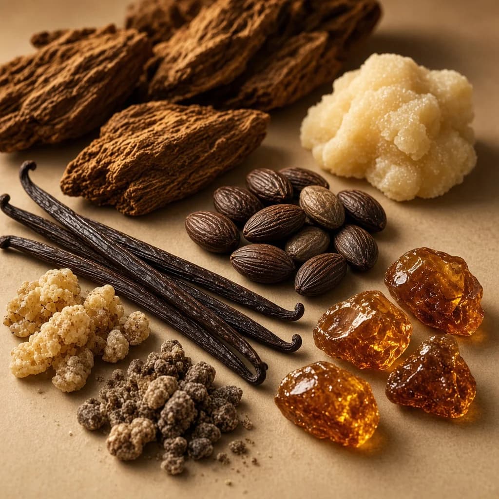 Dry-down notes composition — vanilla, tonka, amberwood, myrrh