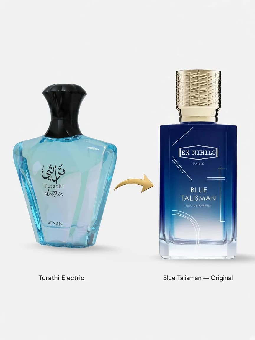 Dupe comparison: Afnan Turathi Electric beside Ex Nihilo Blue Talisman