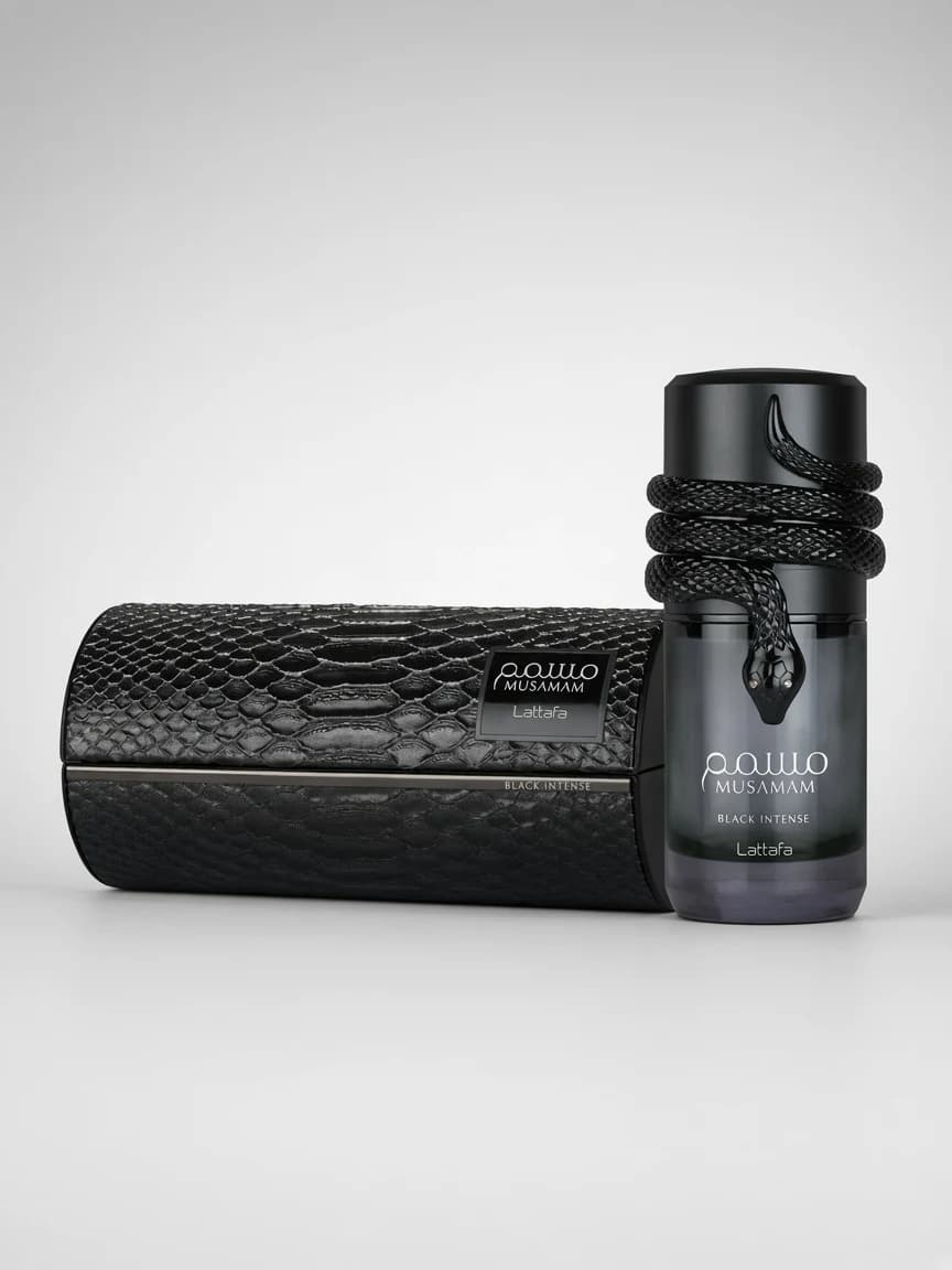 Musamam Black Intense bottle with snakeskin presentation case
