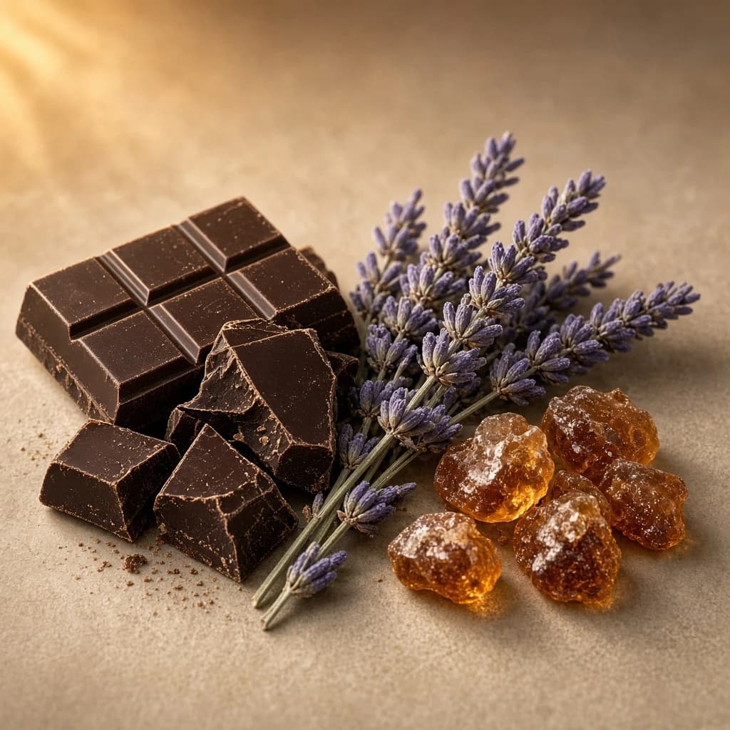 Heart notes composition — dark chocolate, lavender, benzoin