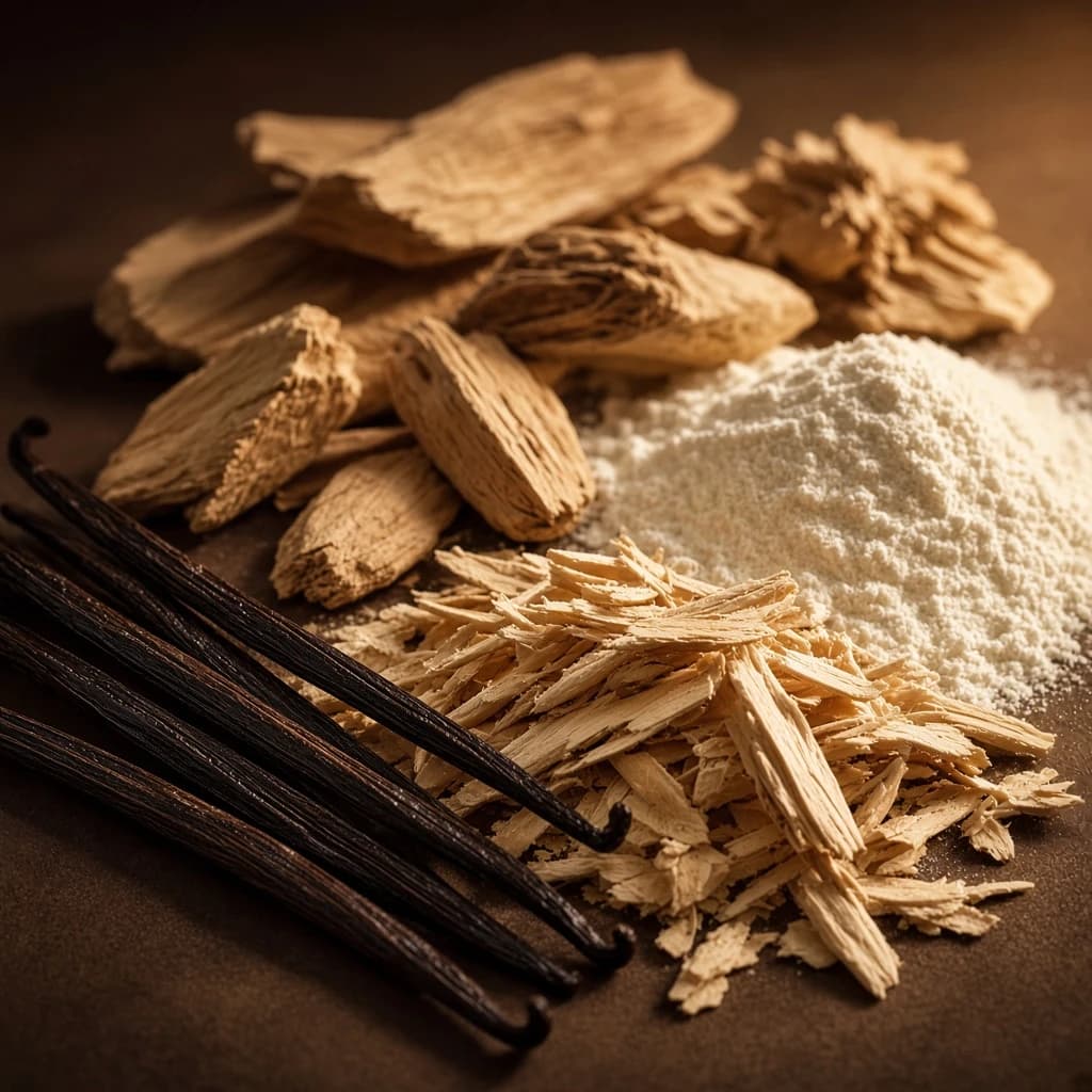 Base notes: vanilla, sandalwood, musk, woodsy notes