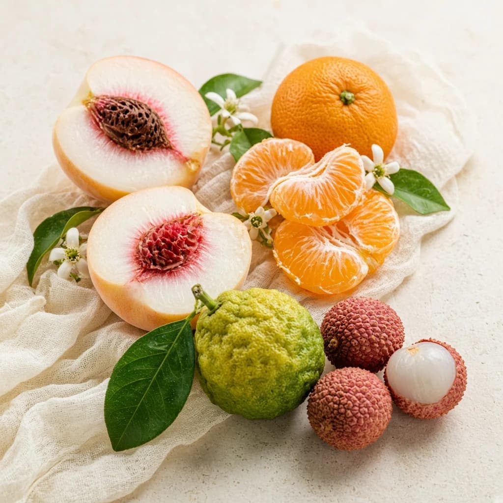 Opening notes composition — white peach, mandarin, bergamot, litchi