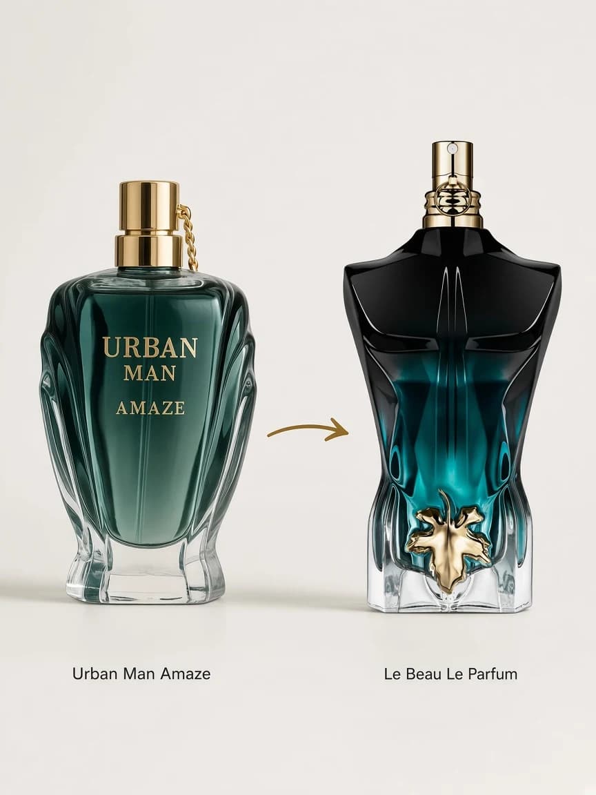 Dupe comparison — Urban Man Amaze beside Le Beau Le Parfum
