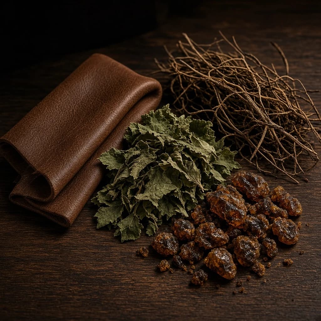 Heart notes composition — leather, patchouli, vetiver, and labdanum