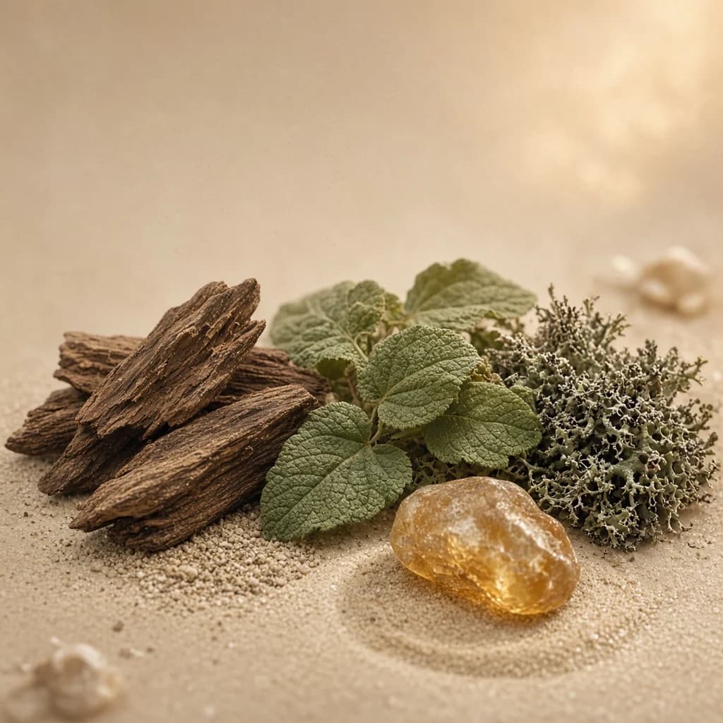 Dry-down notes composition — guaiac, patchouli, oakmoss, ambergris