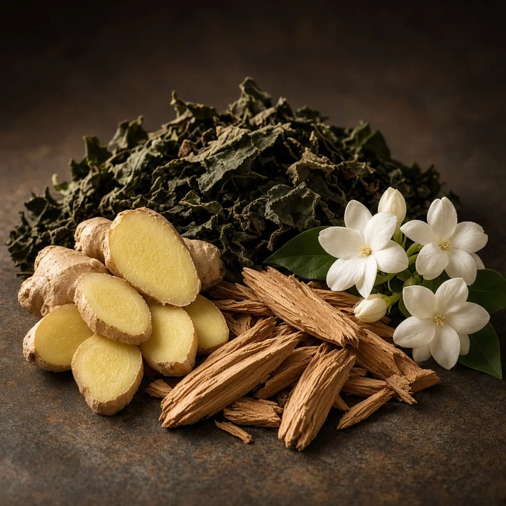 Dry-down notes composition — ginger, sandalwood, patchouli, jasmine