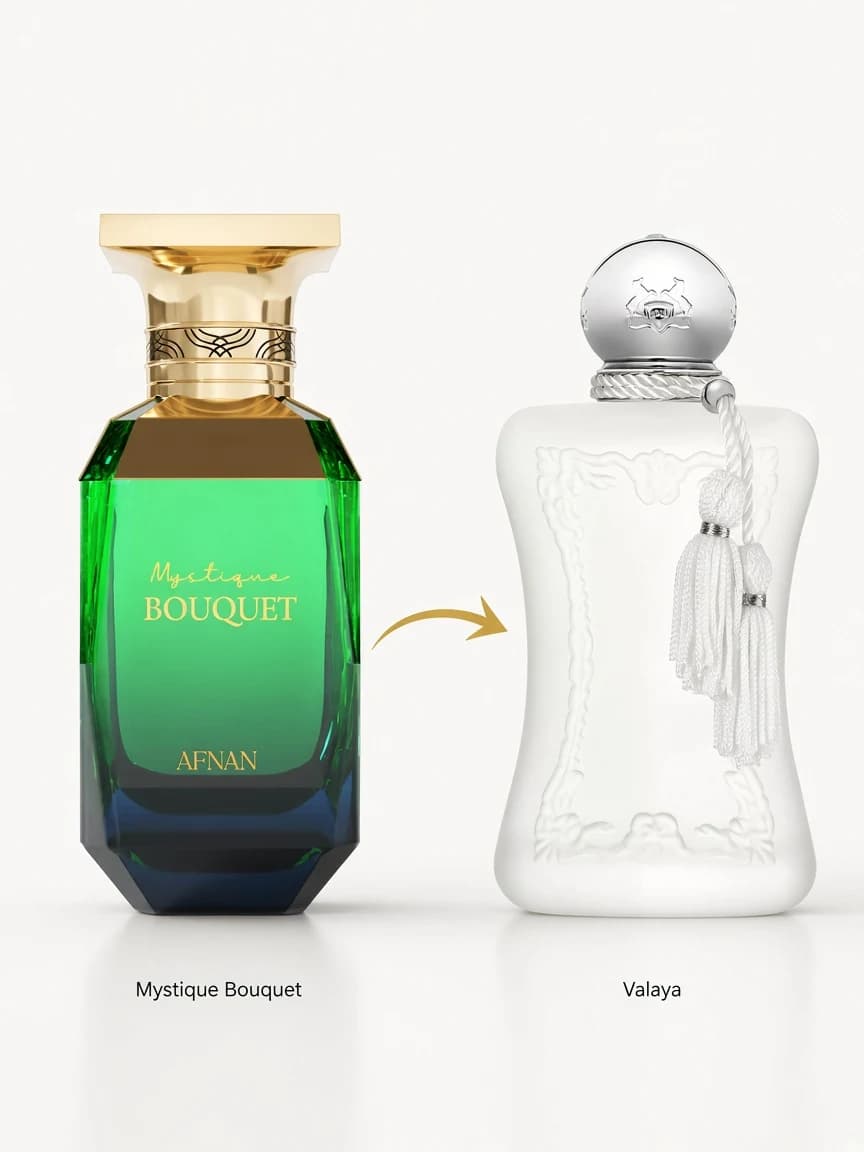 Dupe comparison — Mystique Bouquet beside Parfums de Marly Valaya