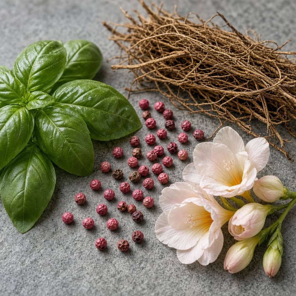 Opening notes — basil, Haitian vetiver, Timur, freesia