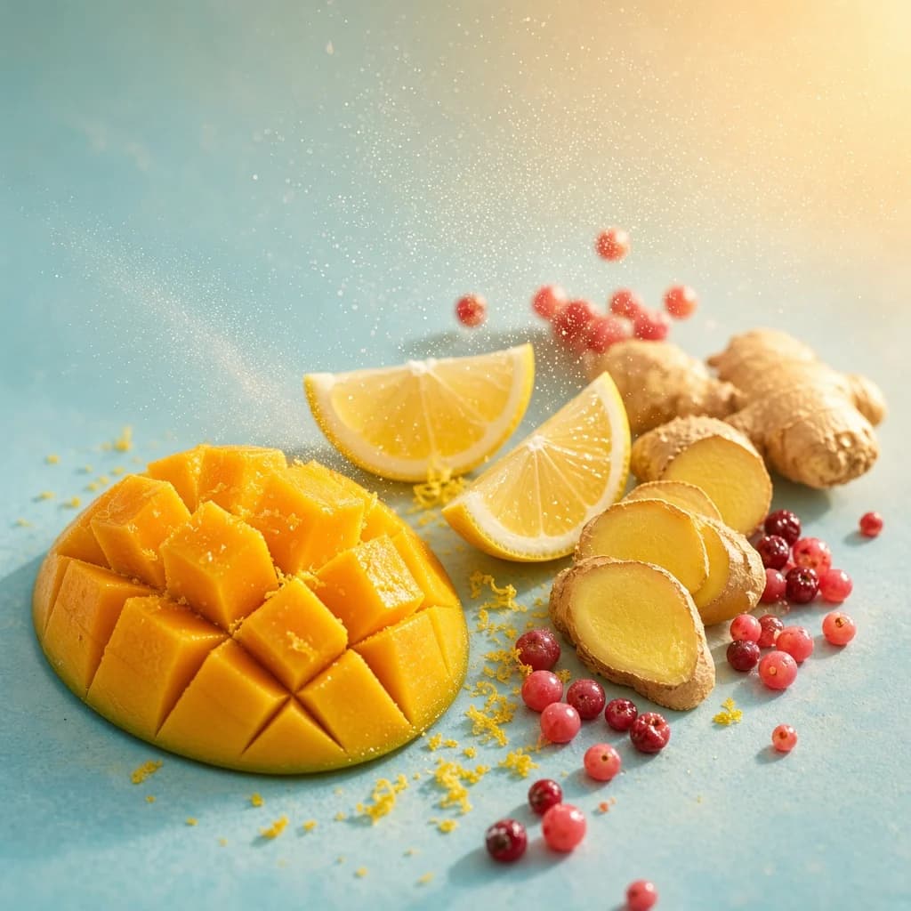 Opening notes composition — mango, lemon, pink berries, ginger