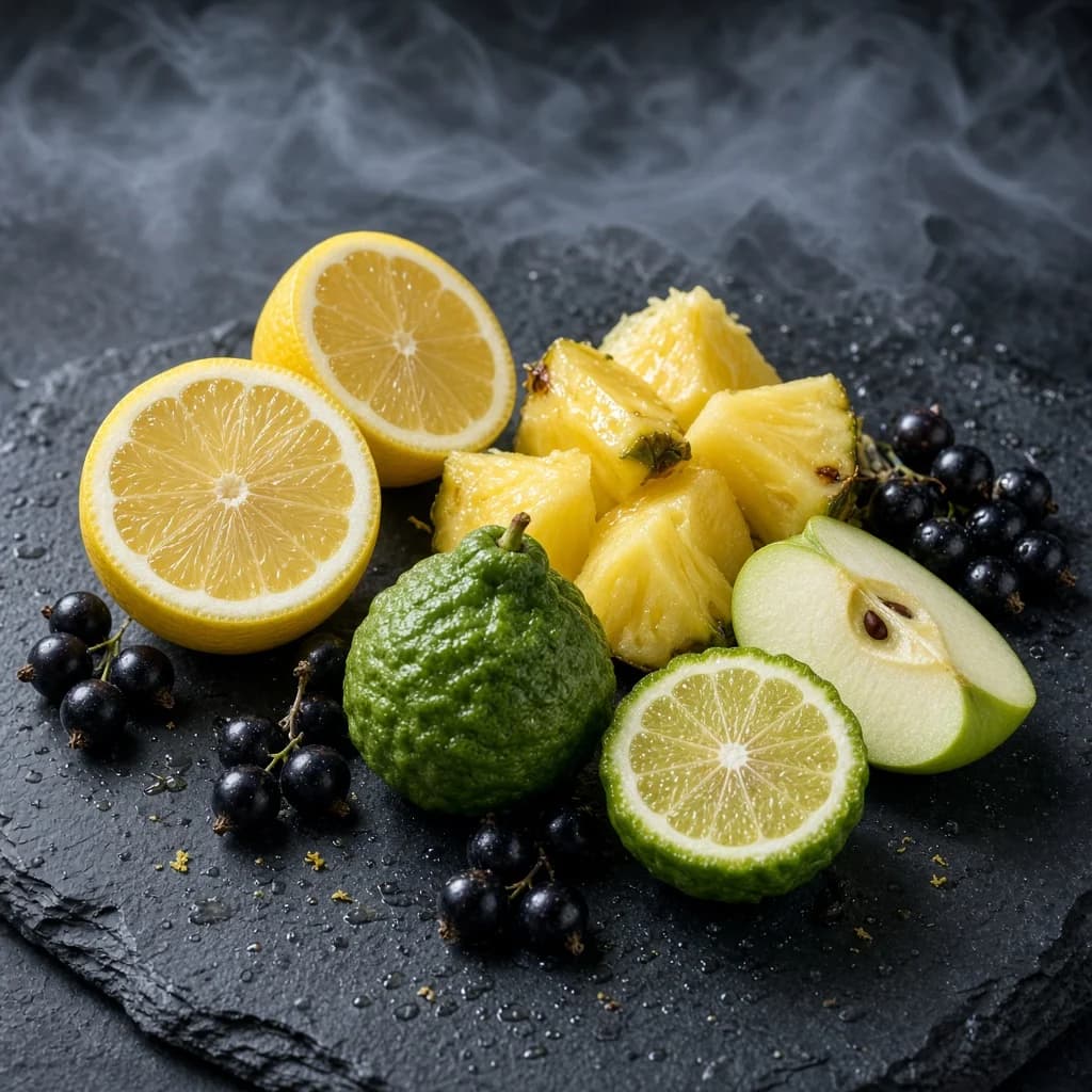 Opening notes composition — lemon, pineapple, bergamot, black currant, apple