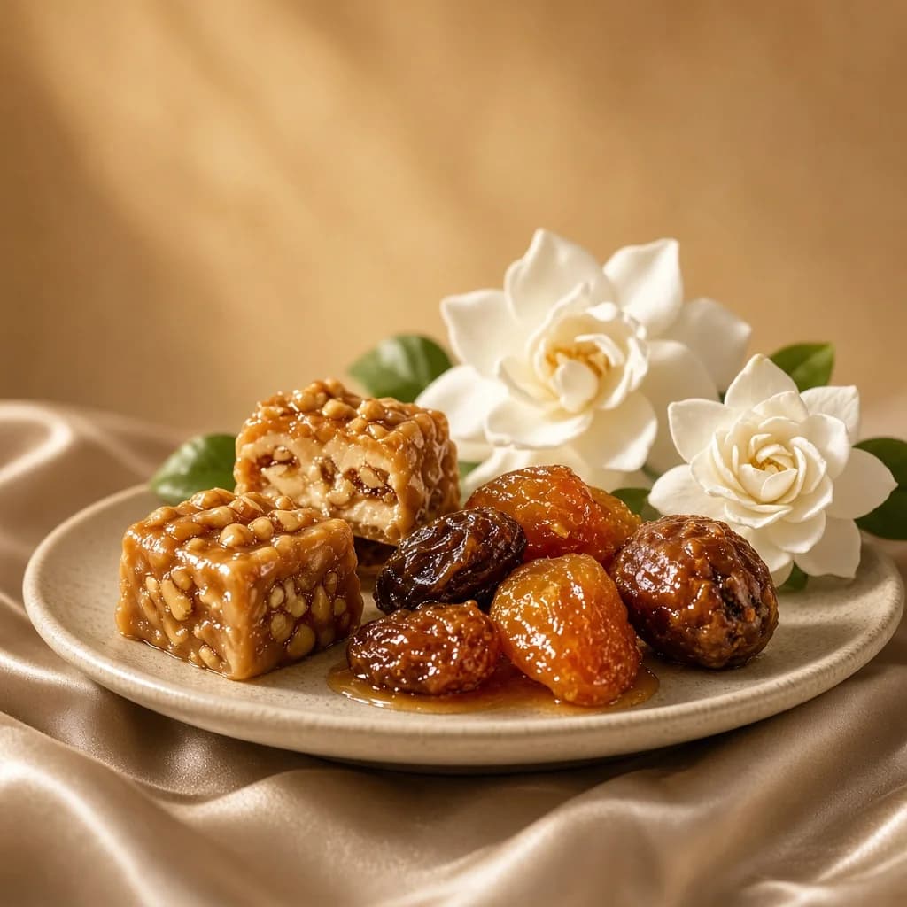Heart notes composition — praline, candied fruits, white flowers