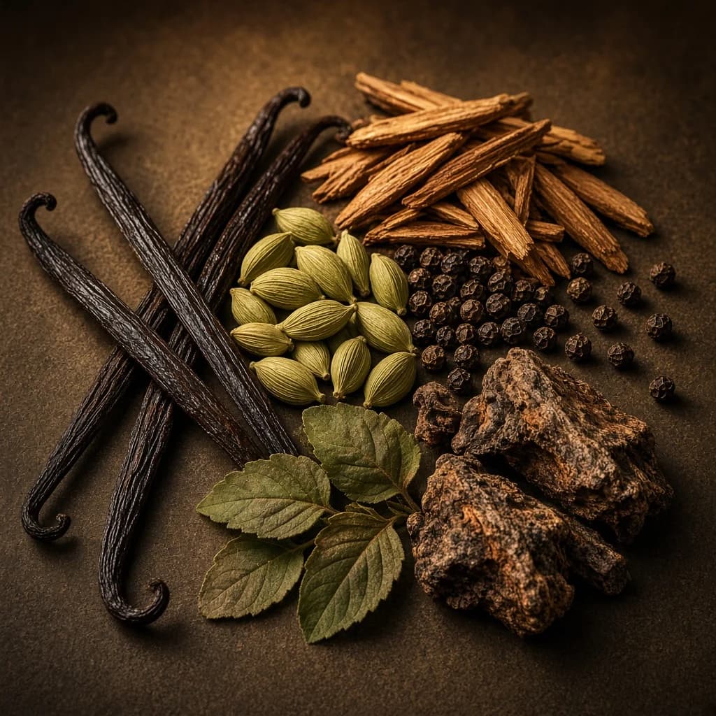 Dry-down notes composition — vanilla, cardamom, woods, pepper, patchouli