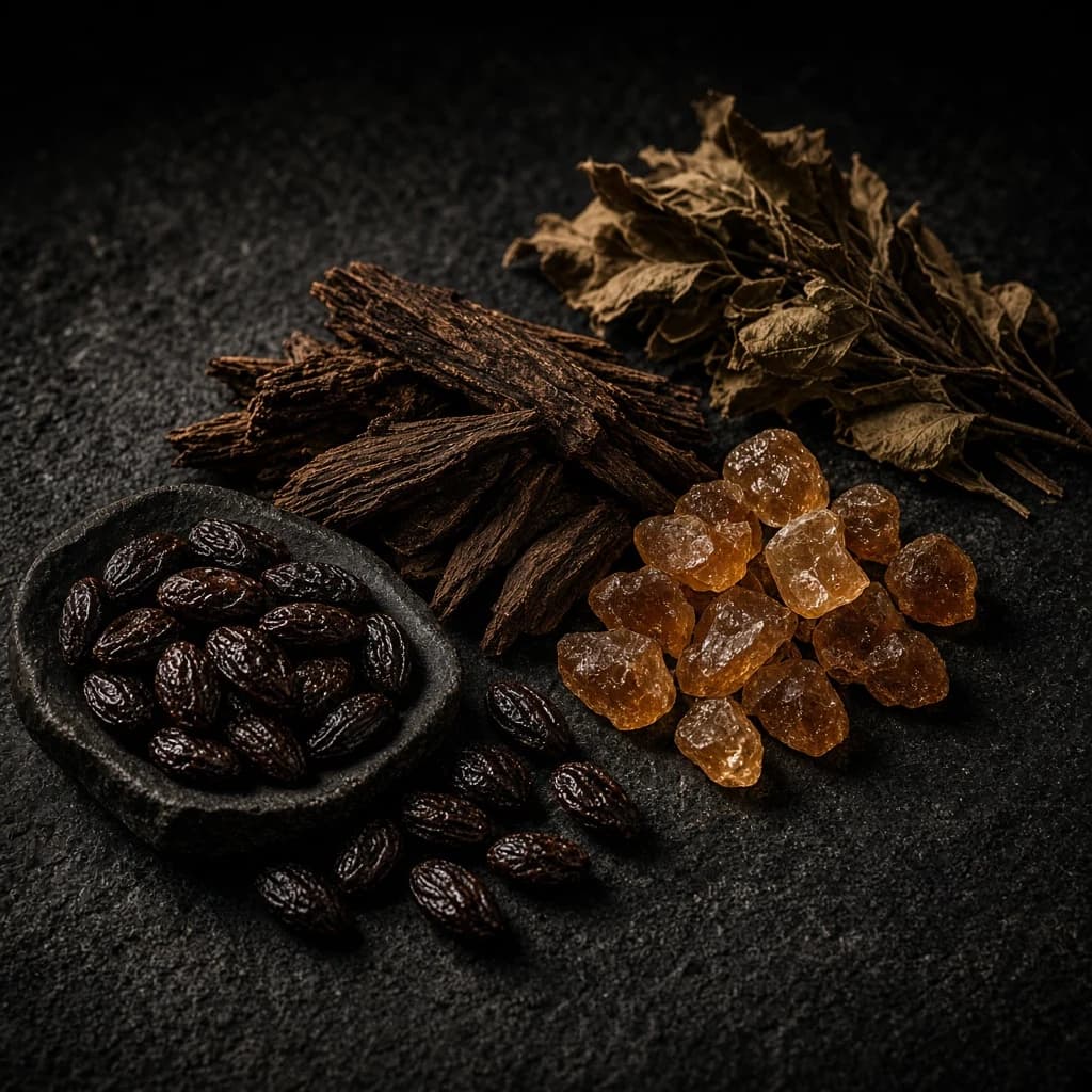 Dry-down notes — tonka, Akigalawood, Ambroxan, patchouli