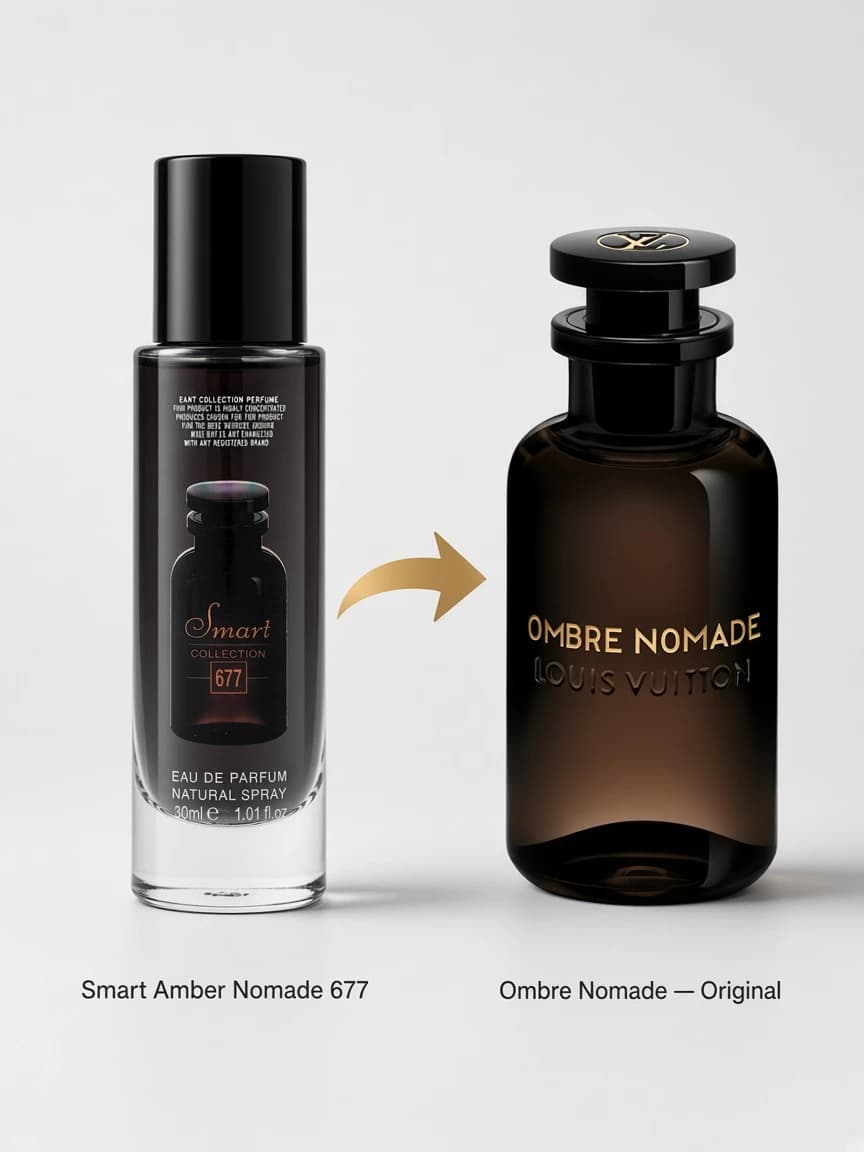 Dupe comparison: Smart Amber Nomade 677 beside Louis Vuitton Ombre Nomade