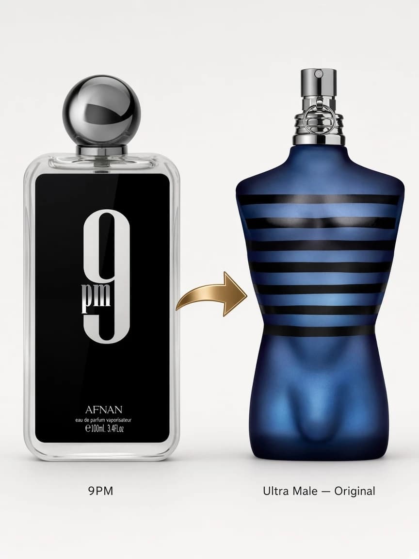 Dupe comparison: Afnan 9PM beside Jean Paul Gaultier Ultra Male