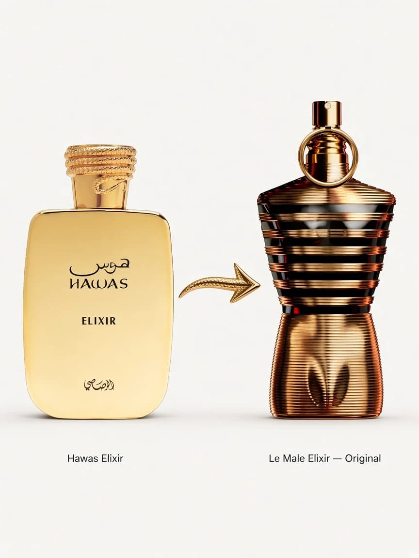 Dupe comparison — Hawas Elixir beside Le Male Elixir
