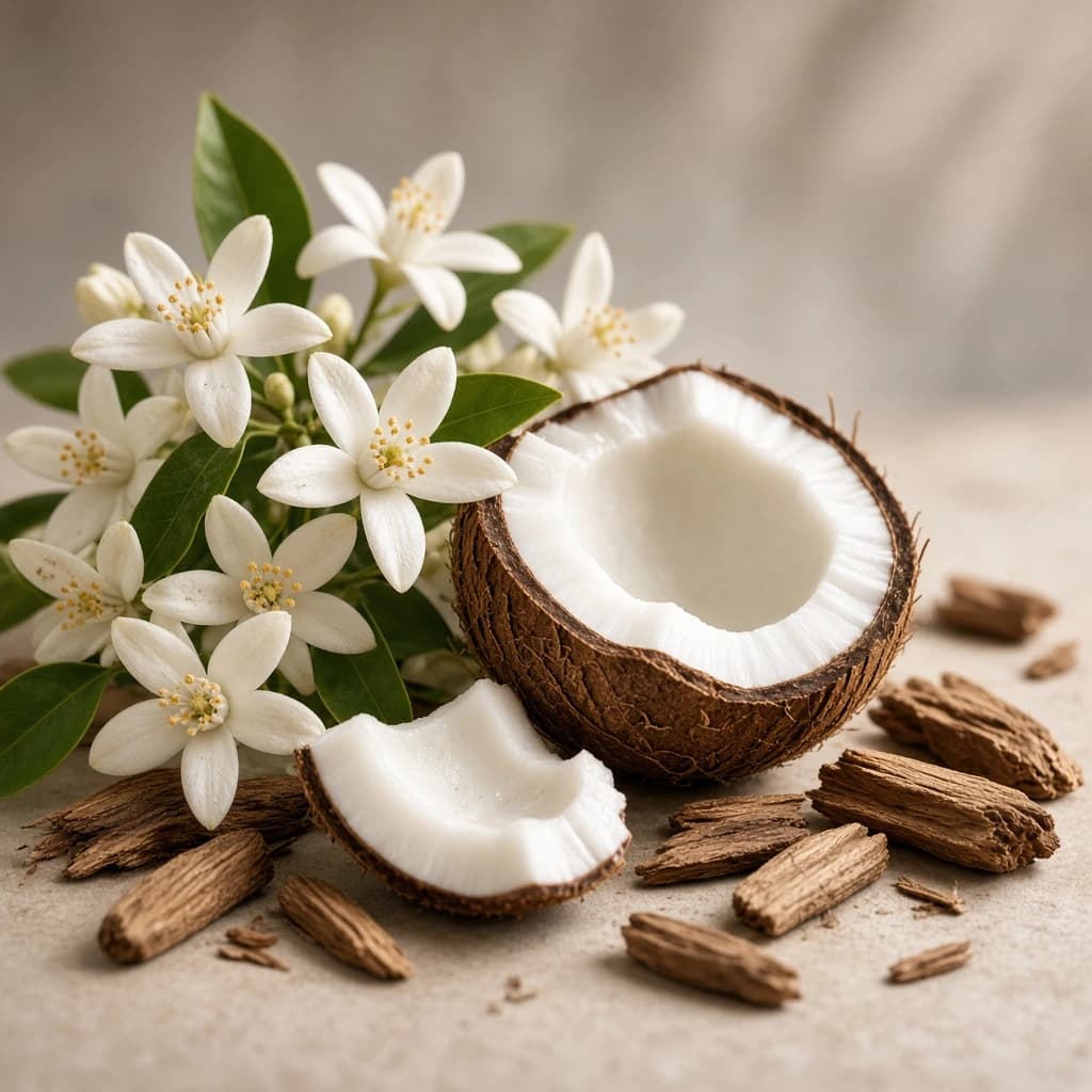 Heart notes — guaiac wood, coconut, orange blossom