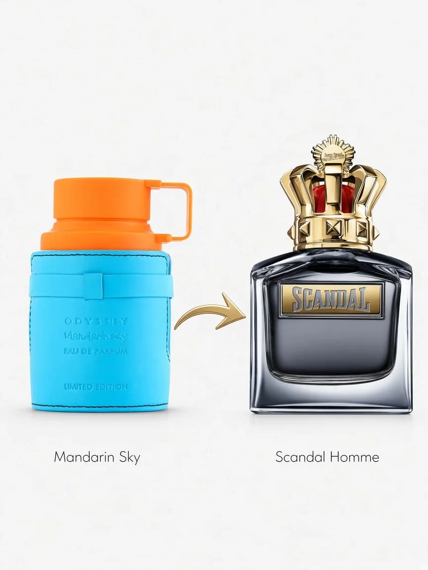 Dupe comparison — Odyssey Mandarin Sky beside Scandal Pour Homme