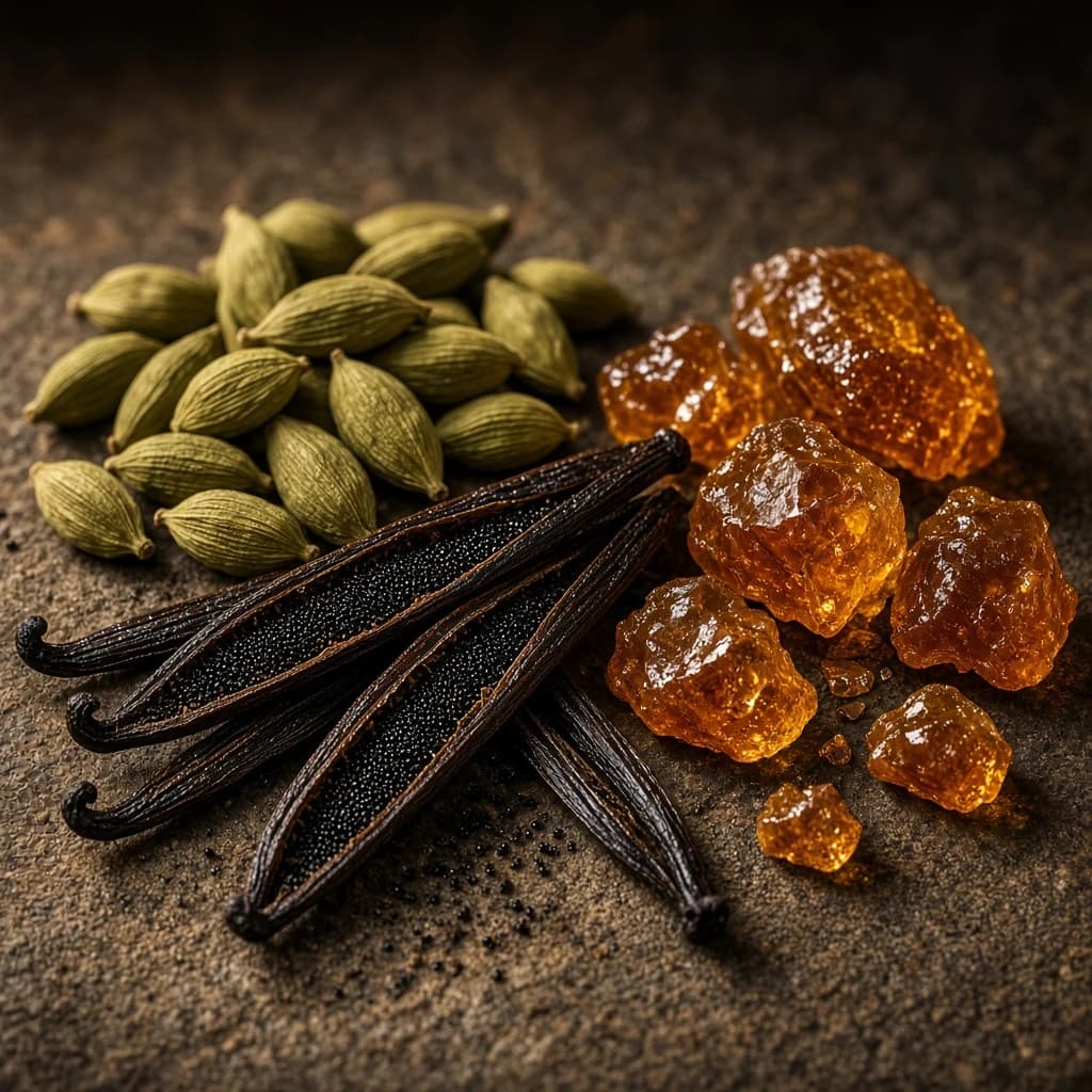 Dry-down composition — vanilla, cardamom, and amber