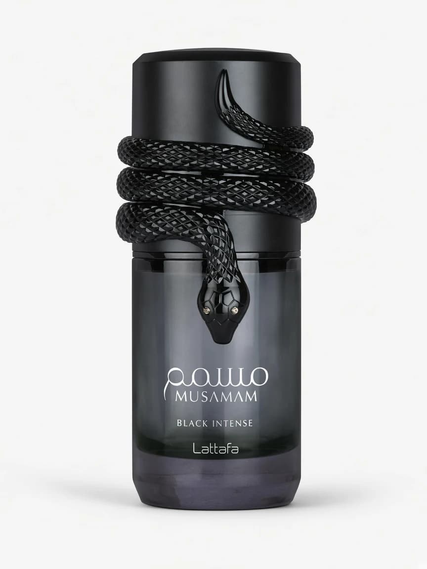 Musamam Black Intense by Lattafa — studio bottle hero