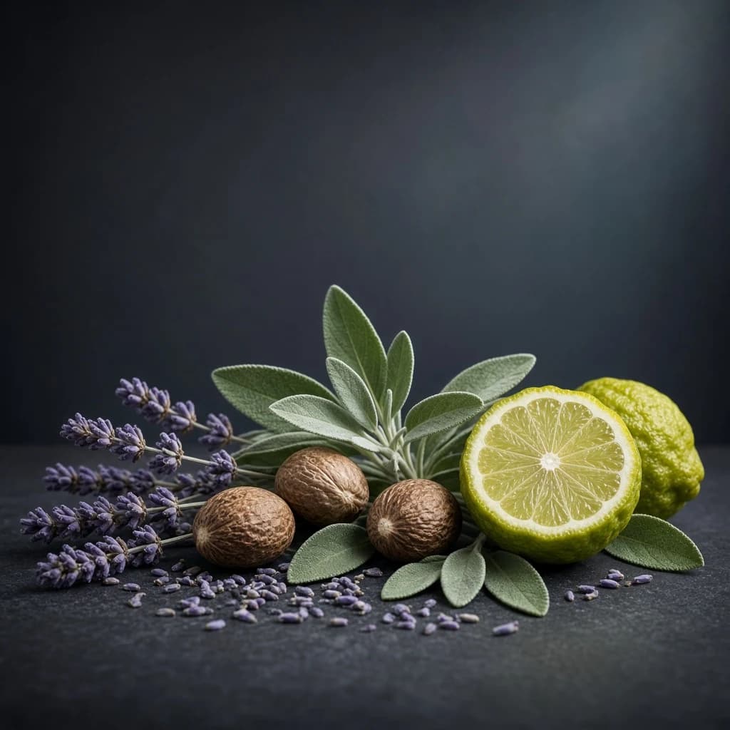Opening notes composition — lavender, nutmeg, sage, bergamot