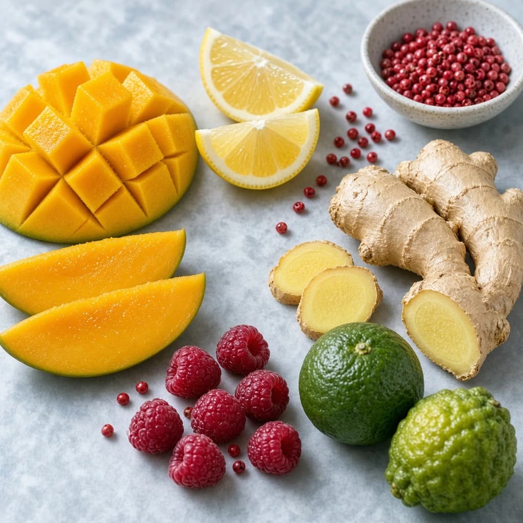 Opening notes — mango, citrus, pink berries, ginger, raspberry