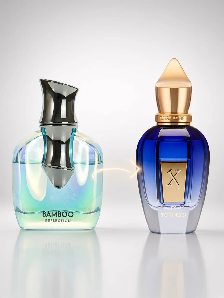 Dupe comparison: Arabiyat Prestige Bamboo Reflection beside Xerjoff Torino21