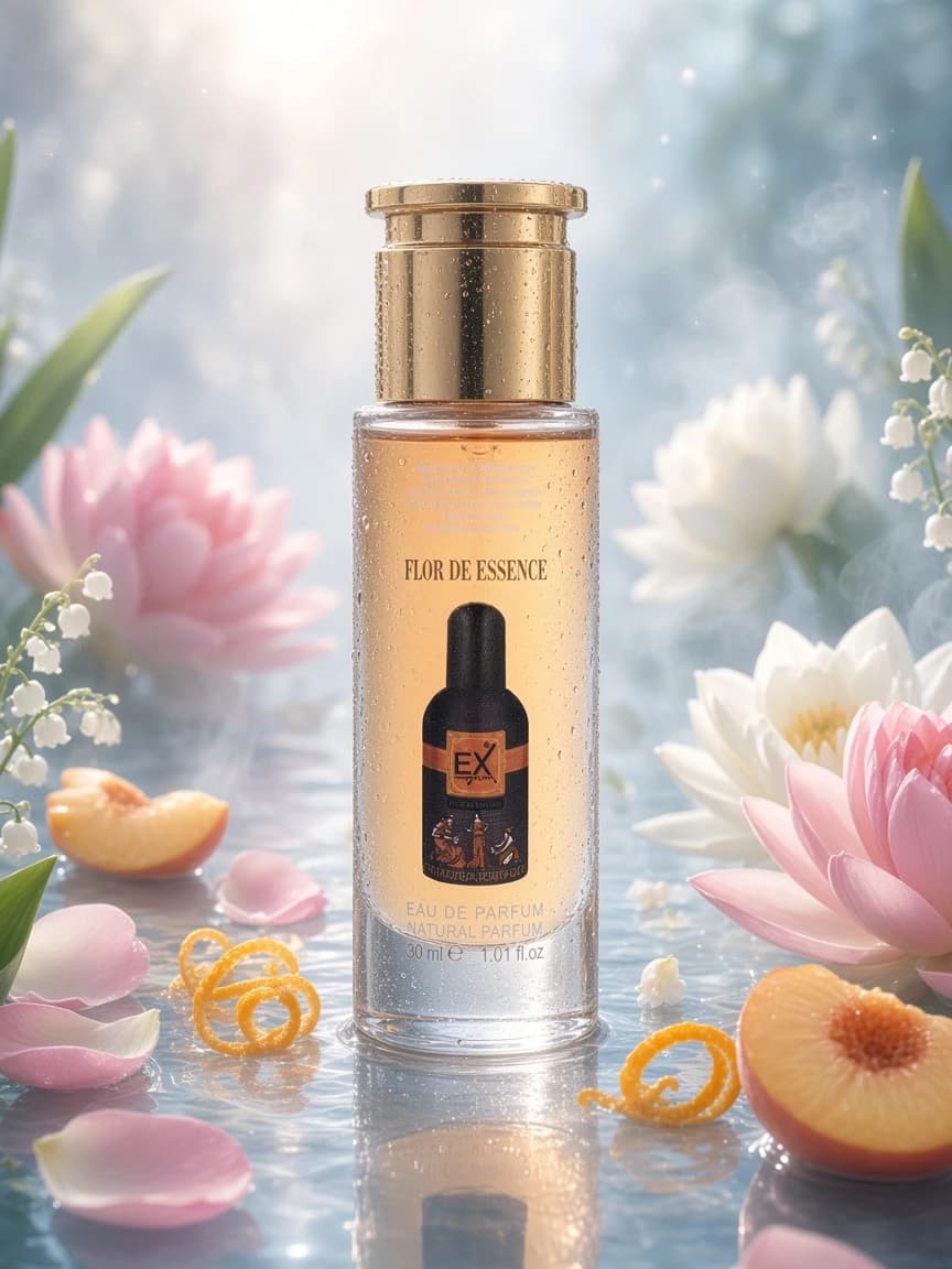 EX Flor de Essence campaign — lotus peach aquatic floral wear vibe