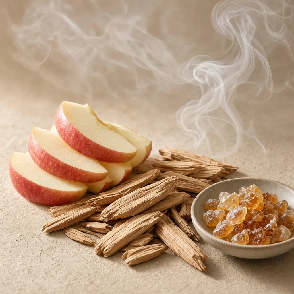 Heart notes composition — apple, cedar, incense