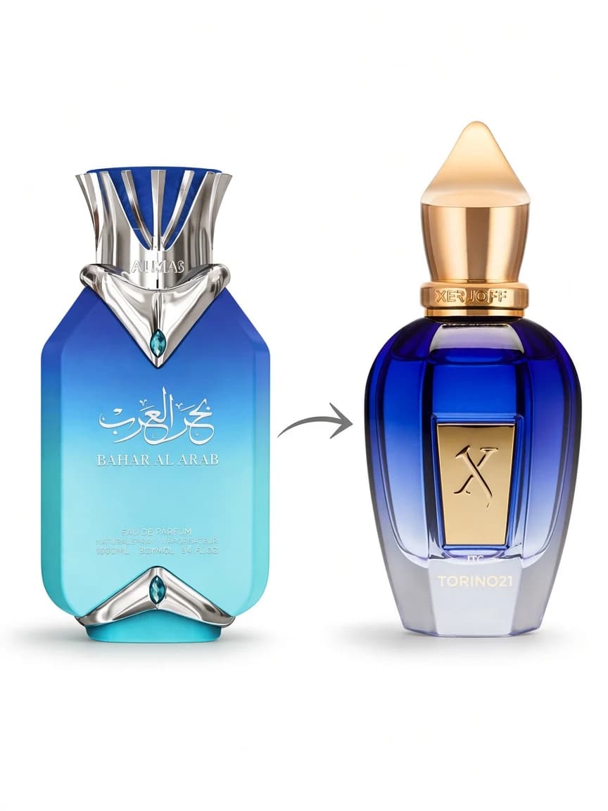 Dupe comparison: Almas Bahar Al Arab beside Xerjoff Torino21
