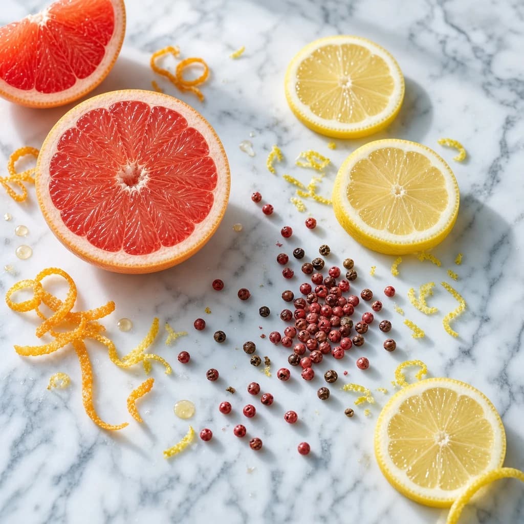 Opening notes — grapefruit, lemon, pink pepper