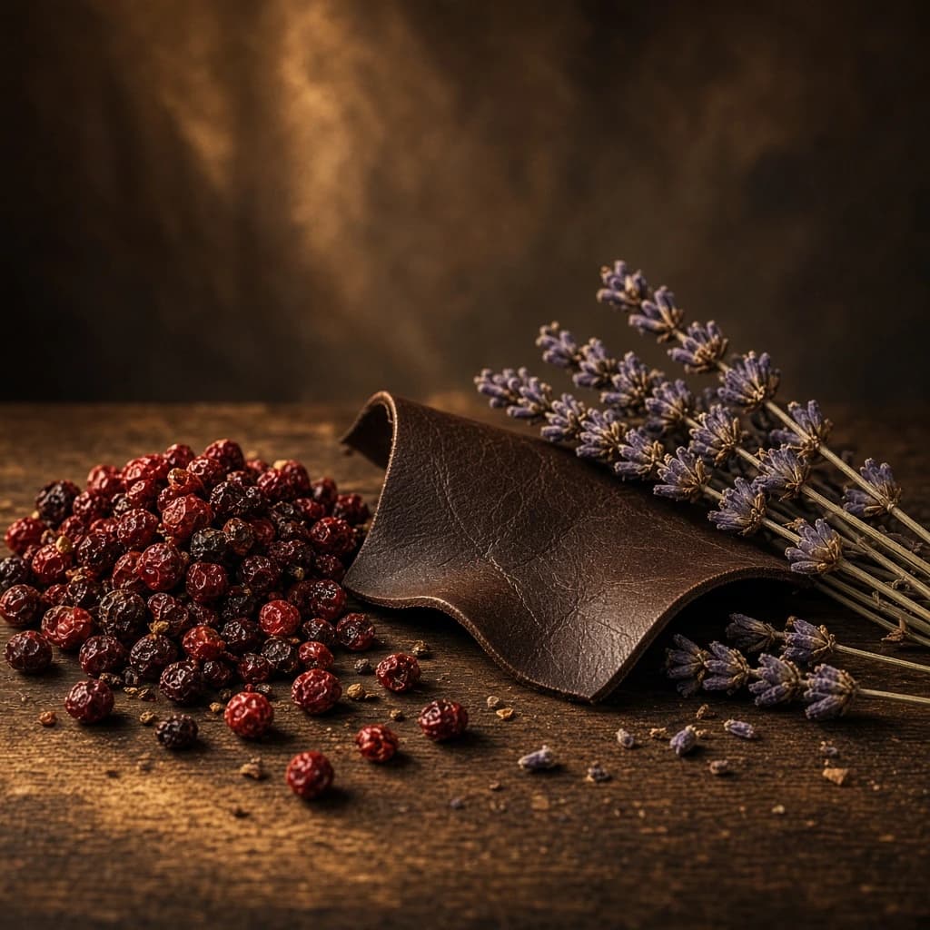 Heart notes composition — pimento, leather, lavender