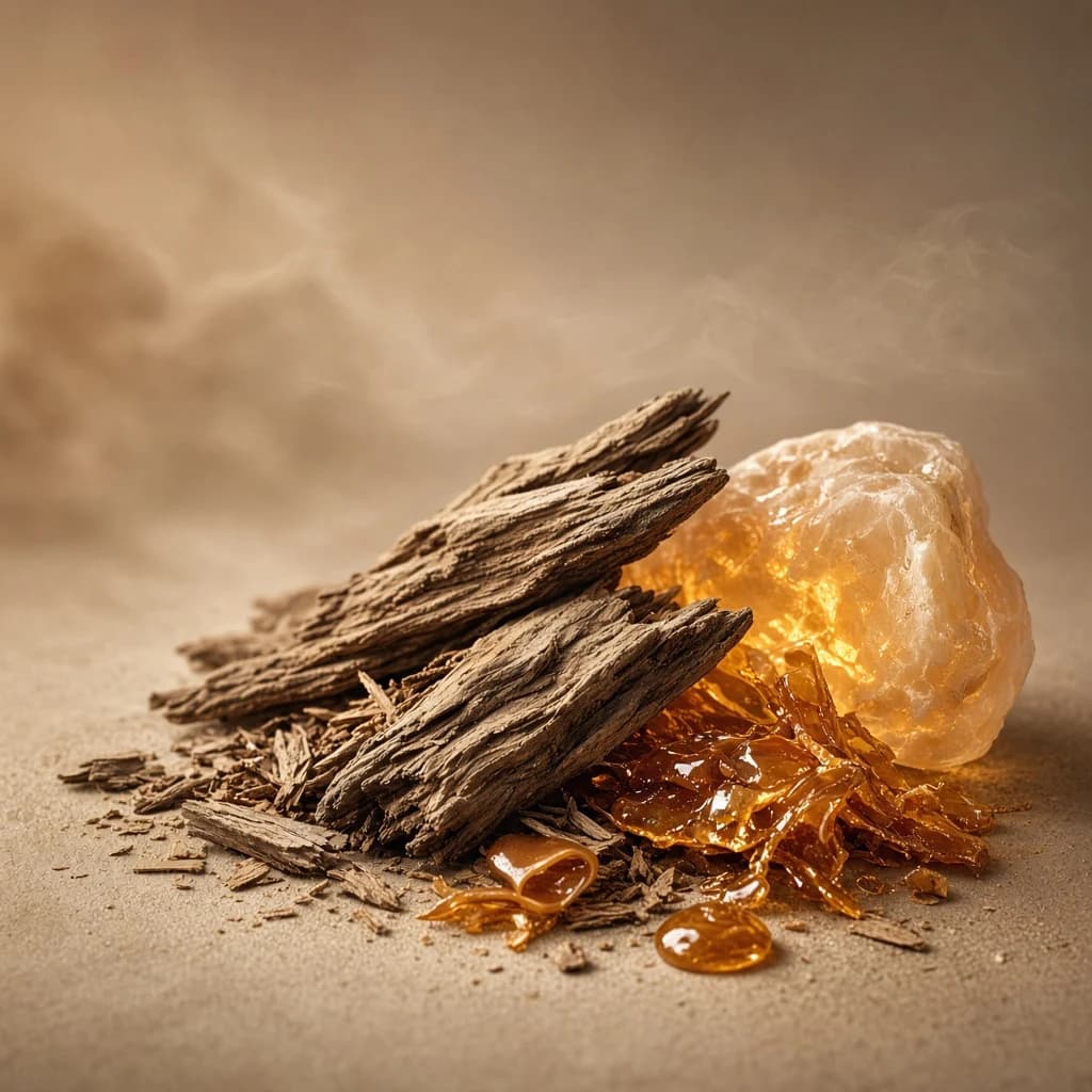 Dry-down notes composition — dry wood, ambergris, caramel, musk