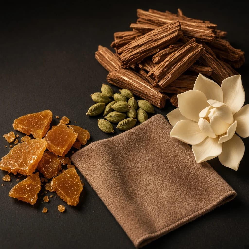Heart notes — toffee, suede, cardamom, cedar, Mahonial