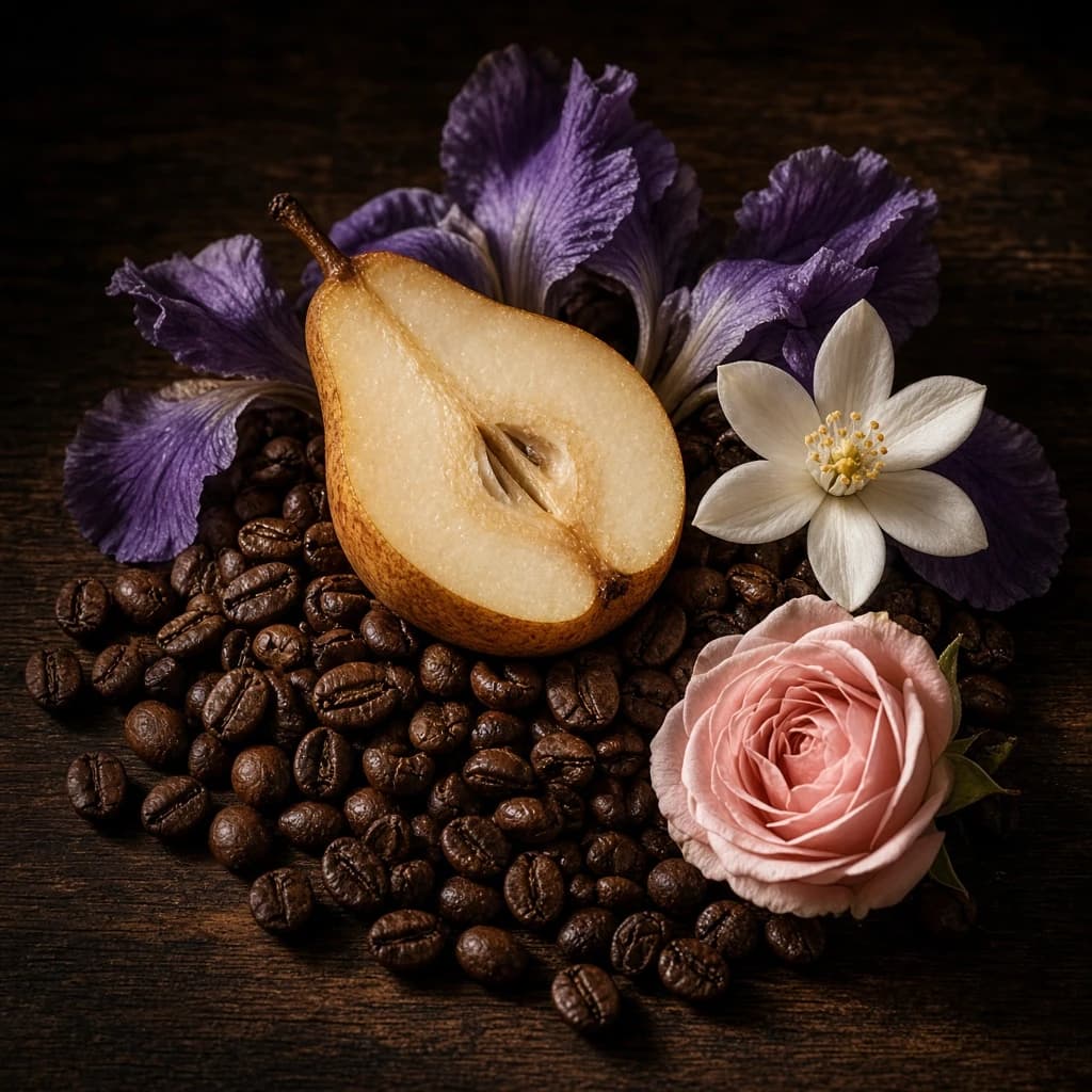 Heart notes: coffee, pear, iris, orange blossom, rose