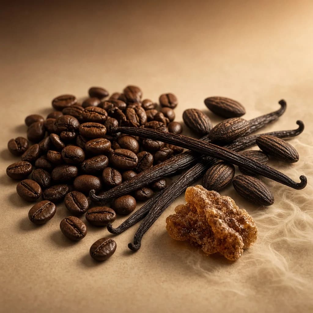 Dry-down notes composition — vanilla, coffee, tonka, benzoin, musk