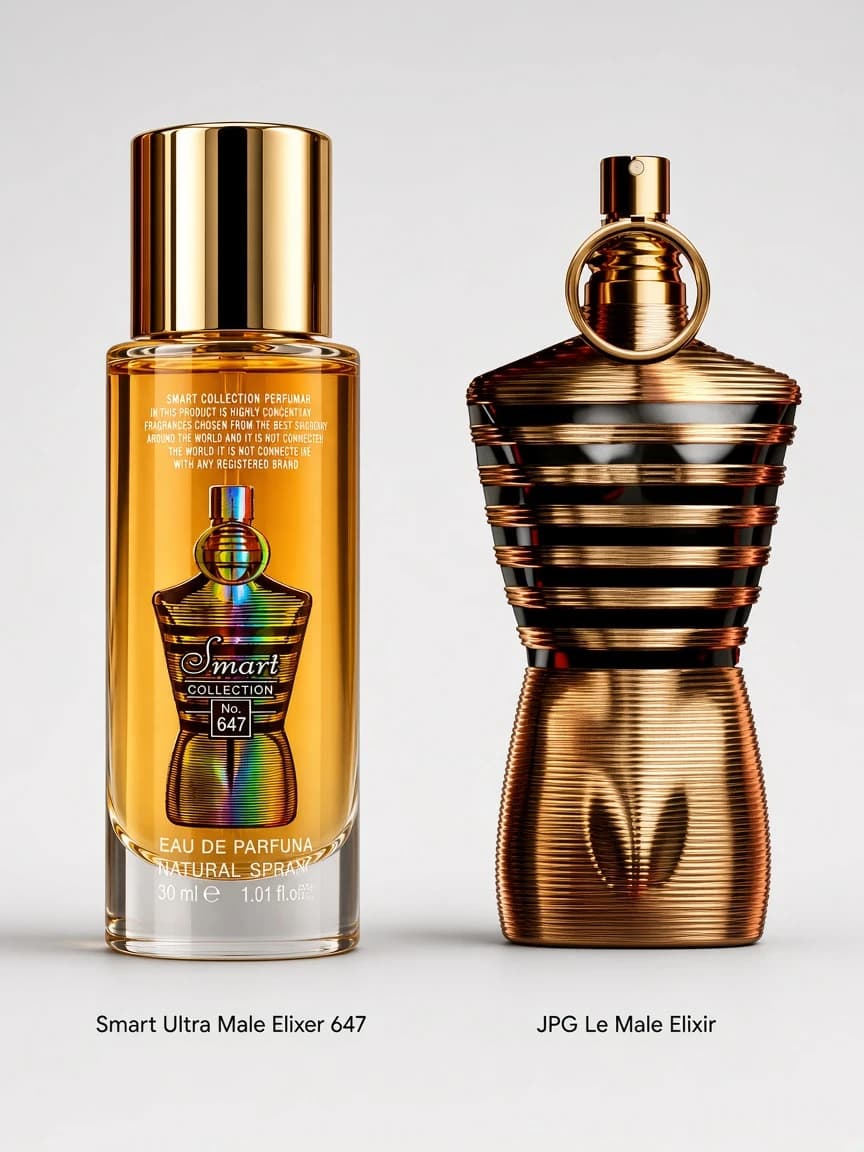 Dupe comparison: Smart 647 beside JPG Le Male Elixir