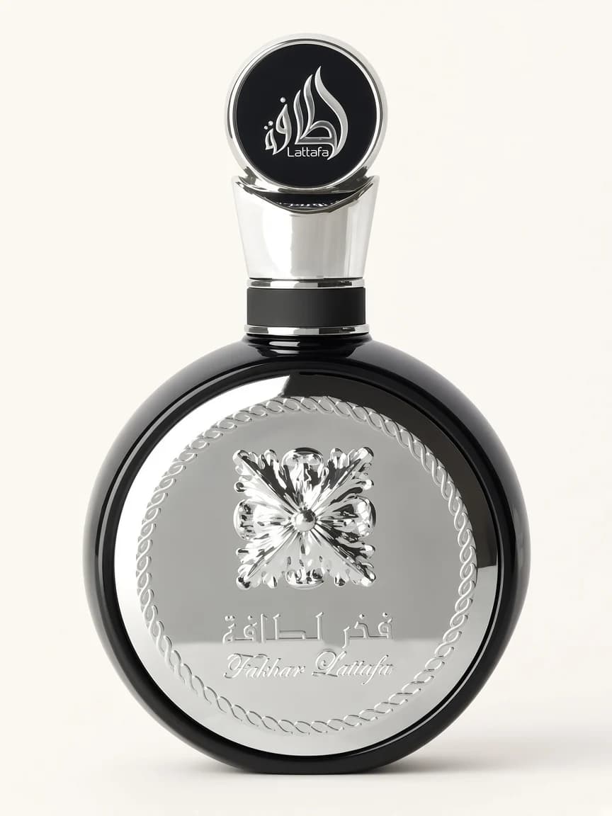 Fakhar Lattafa Black — studio bottle hero
