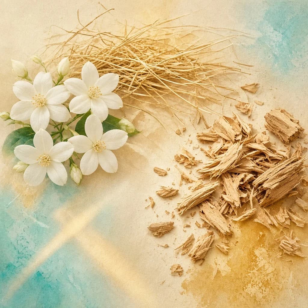 Heart notes composition — blue coumarin, jasmine, dry woods