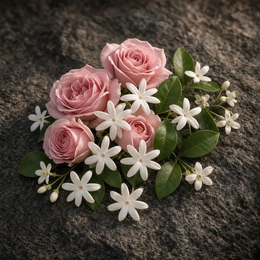 Heart notes composition — rose, jasmine, and orange blossom