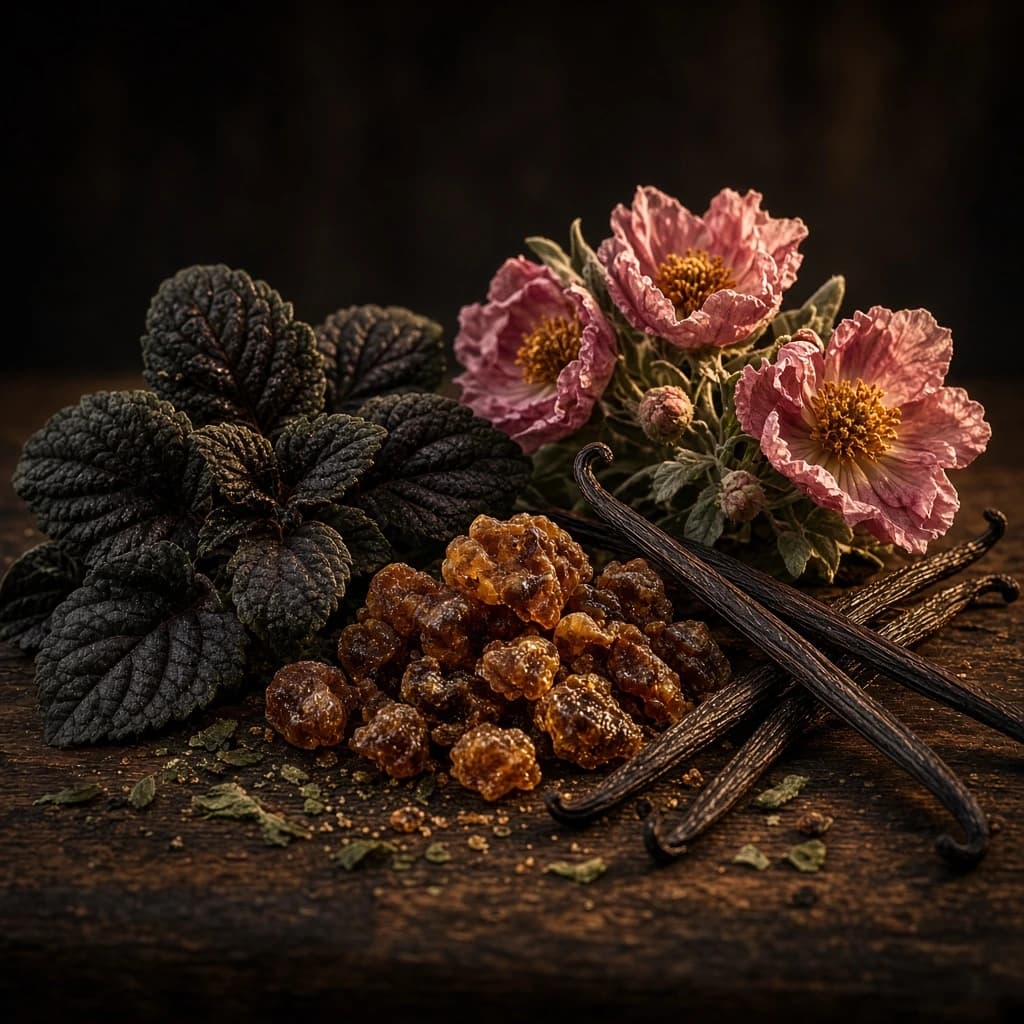 Dry-down notes composition — vanilla, patchouli, labdanum, rock rose