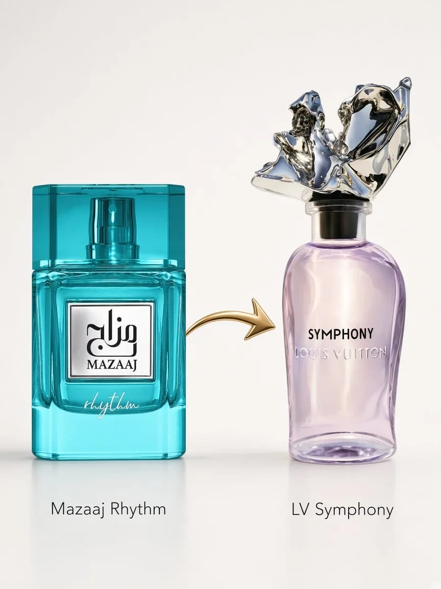 Dupe comparison — Mazaaj Rhythm beside Louis Vuitton Symphony