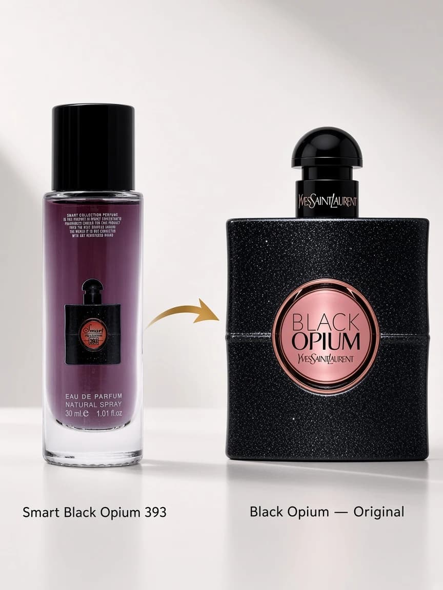 Dupe comparison: Smart Black Opium 393 beside YSL Black Opium