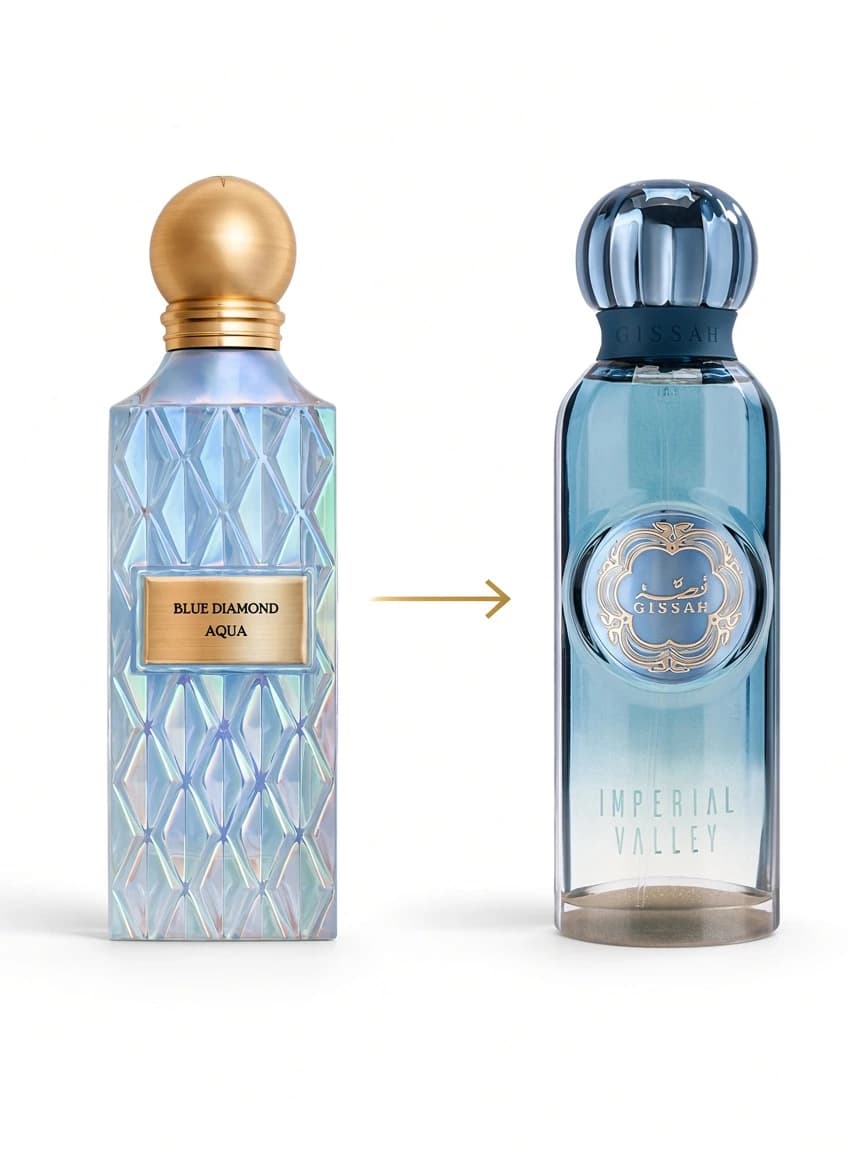 Dupe comparison: IBRAQ Blue Diamond Aqua beside Gissah Imperial Valley