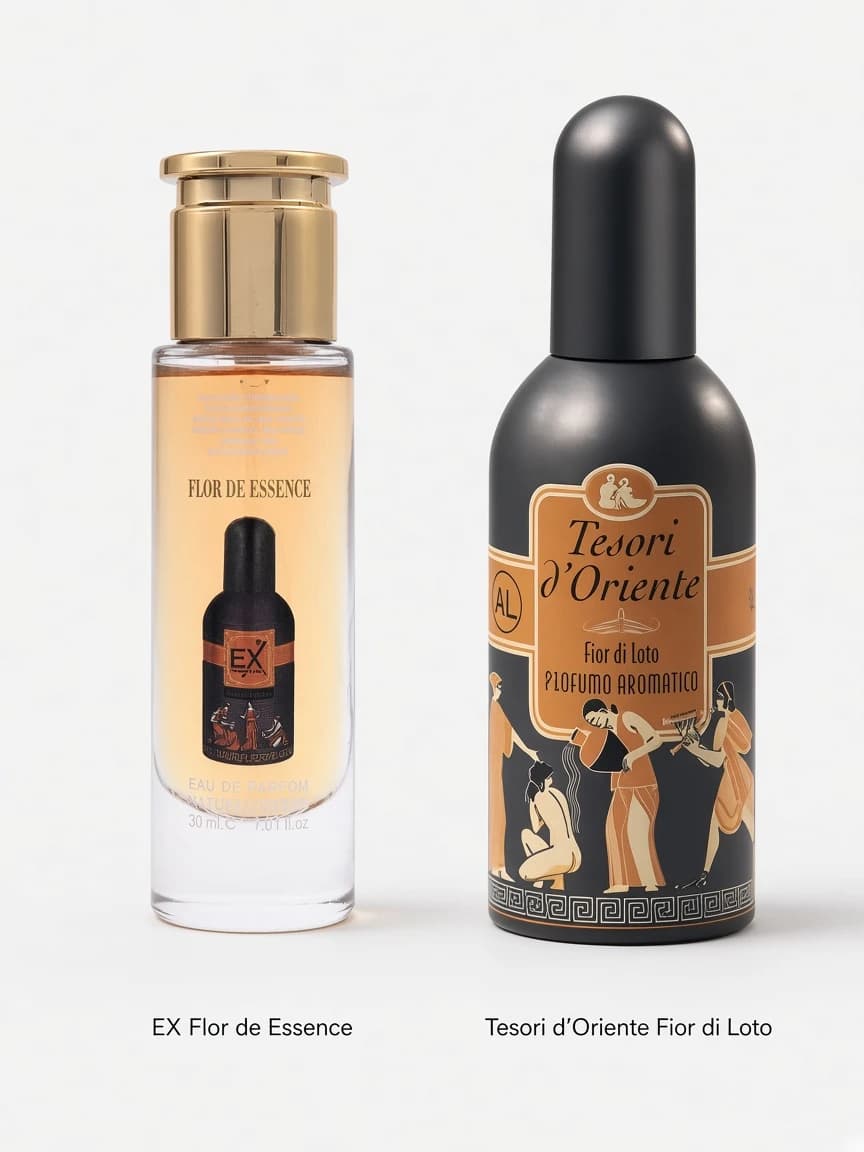 Dupe comparison: EX Flor de Essence beside Tesori d'Oriente Fior di Loto