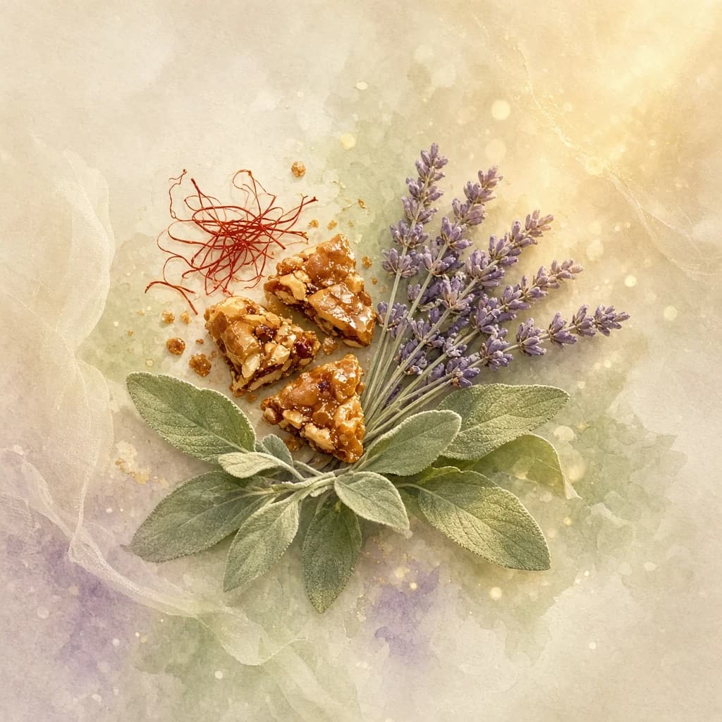 Heart notes composition — saffron, praline, lavender, clary sage