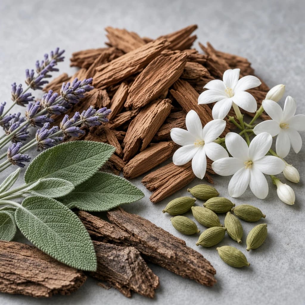 Heart notes — lavender, cedar, jasmine, cardamom, clary sage