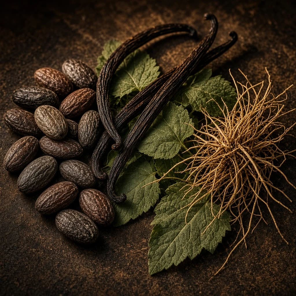 Dry-down notes — tonka, patchouli, vanilla, vetiver